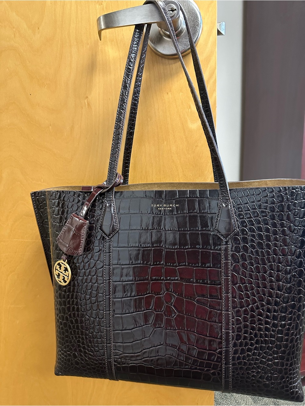 Tory Burch Croc-Embossed Dark Brown Tote with Gold Logo Charm - Picture 4 of 10
